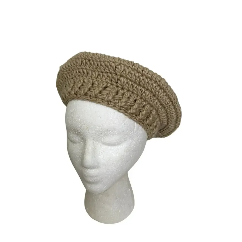 Vintage 1980s Khaki Brown Fall Winter Boho Knit Beret Hat OS - Picture 8 of 8